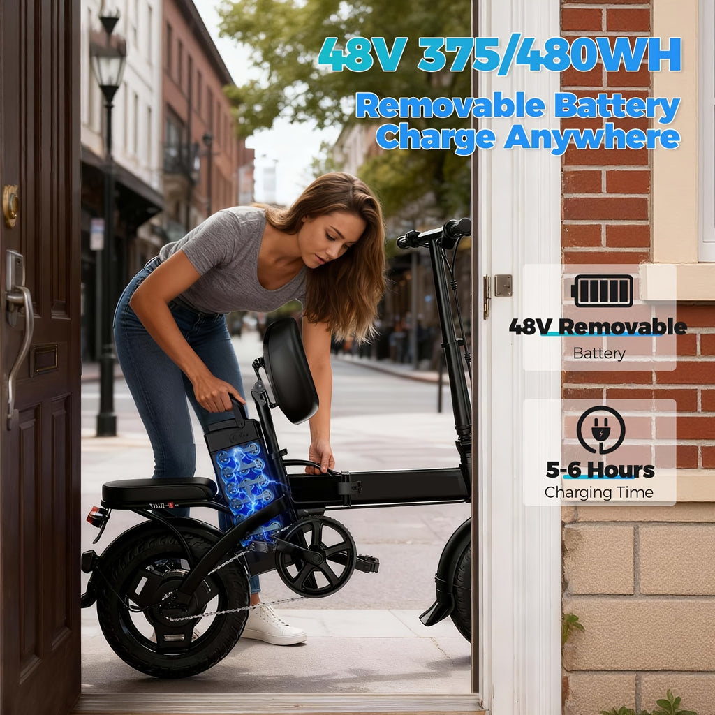 14-inch Electric Bike For Adults With 500W Power Motor, 20/25MPH Speed, 48V 7.8Ah/10Ah Removable Battery, Dual Disc Brakes Electric Bicycle, 3 Riding Modes And, Portable And Compact E-bike That'S Perfect For Urban Commuting