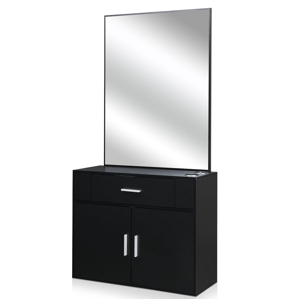 Wall-Mounted Salon Station for Hairdressing, Featuring a Mirror, One Drawer, One Storage Cabinet, And Two Hairdryer Holders, Suitable for Beauty Salons, Personal Studios, And Hair Salons - Black