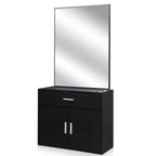 Wall-Mounted Salon Station for Hairdressing, Featuring a Mirror, One Drawer, One Storage Cabinet, And Two Hairdryer Holders, Suitable for Beauty Salons, Personal Studios, And Hair Salons - Black
