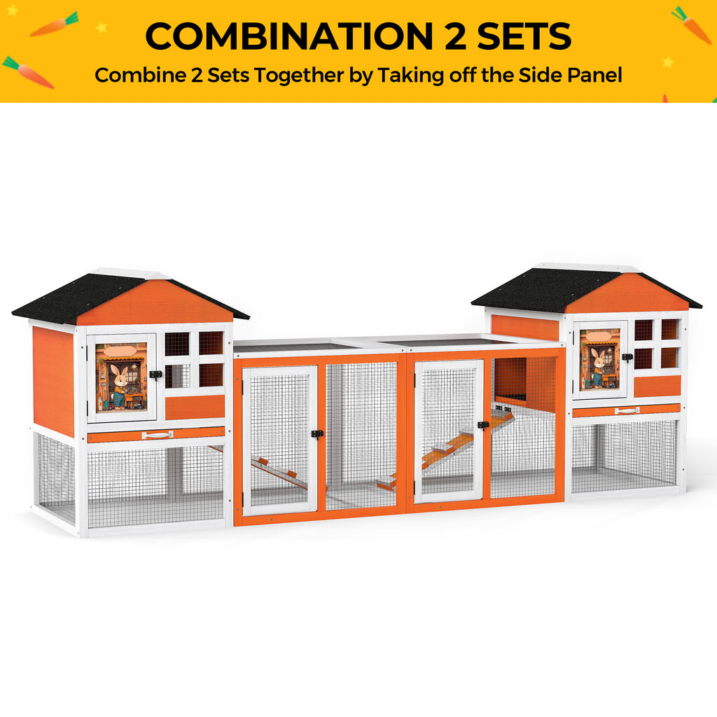 2-Tier Wood Rabbit Hutch, Indoor Outdoor Small Animal House with Removable Tray, Ramp, Openable Roof, Bunny Cage, Grey/Orange with Colorful Patterns