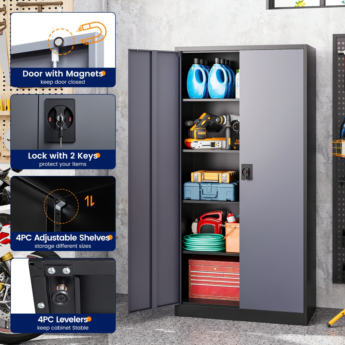 75-Inch Garage Storage Unit: Features 2 Doors, Wheels, 4 Adjustable Shelves, And a Lock. Ideal for Workshops, Homes, Or Offices. Sturdy And Easy to Move