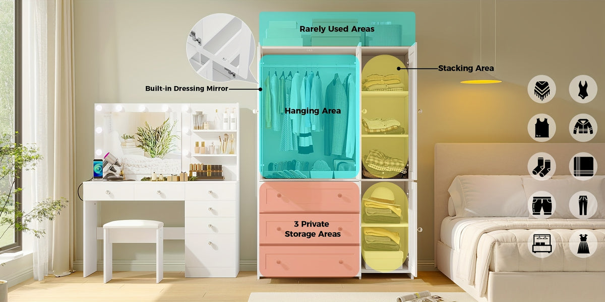 31.5"/47"/63" Large Wardrobe Armoire Closet with Hanging Rod, Mirror And Doors, Drawers & Shelves, for Bedroom