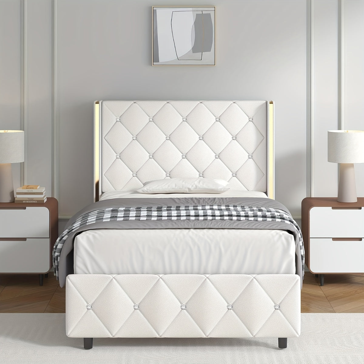 Twin Full Queen King Size Bed Frame, Upholstered Bed Frame with Diamond Tufted Headboard, Modern Silvery Side Wing Back, No Box Spring Needed, Easy Assembly, Purple, Black, Blue, Green, Pink, White