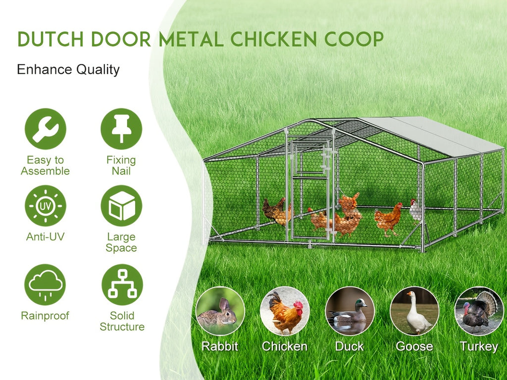 Large Metal Chicken Coop & Enclosure Kit, Featuring Climbing Perches, Wire Mesh Siding, And A Waterproof, UV-Resistant Canopy, Advanced Series Outdoor Walk-in Run, Suitable For Chickens, Ducks, Rabbits, And Dogs