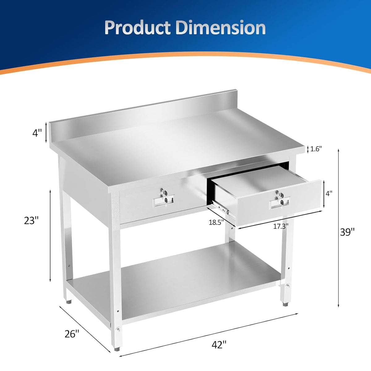 MEFEIR 42"x26" Heavy Duty Stainless Steel Commercial Prep Table with 2 Drawers & Undershelf - for Kitchen, Restaurant, Home, Garage