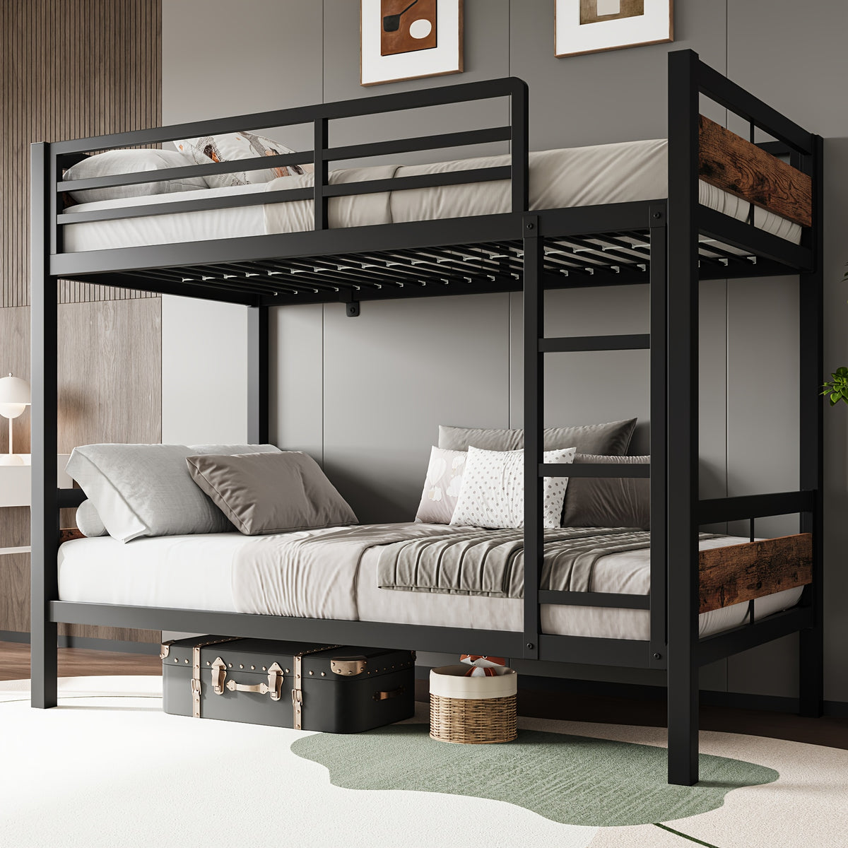 77.5"L Heavy Duty Metal Bed Frame, Twin Over Twin Or Full Over Twin Bunk Bed with Full Length Guardrails And Ladder, Black/Rustic Brown/White Options, Easy Assembly, Suitable for Shared Bedrooms, Bed Frame Without Mattress