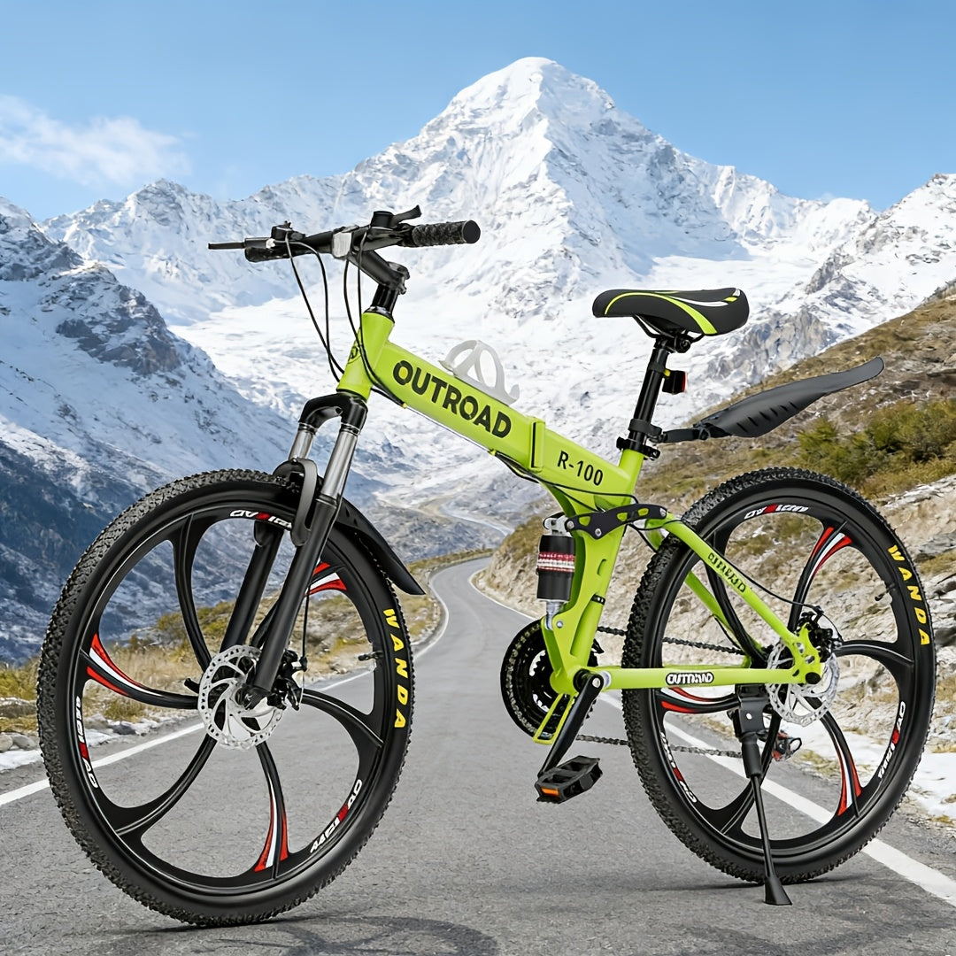 26 Inch Folding Mountain Bike, 21 Speed Full Suspension High-Carbon Steel MTB Foldable Bicycle, Dual Disc Brake Non-Slip Folding Bikes for Adults