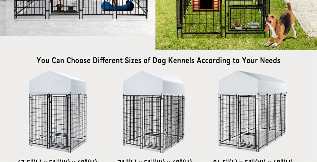 Heavy Duty Outdoor Dog Kennel for Large Dogs - Welded Steel Wire Playpen with Secure Lock, Waterproof Roof Cover & 2 Rotating Bowls, Easy to Assemble, Perfect for Small/Medium/Large Dogs
