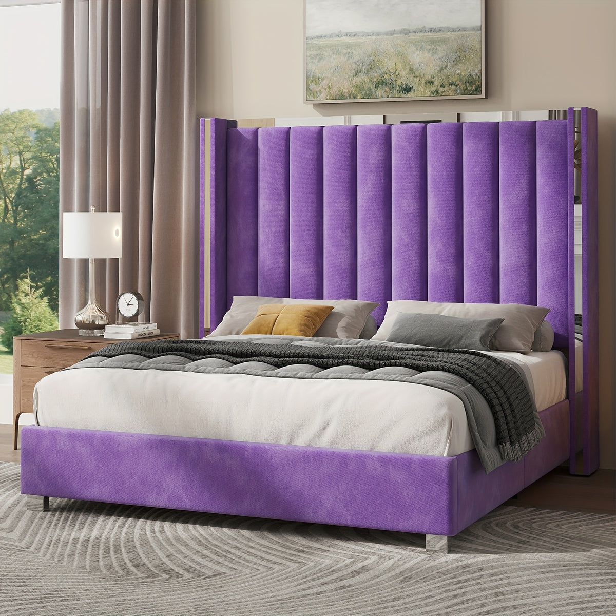 LUXOAK Velvet Upholstered Platform Bed with 58" Tall Channel Tufted Wingback Headboard, Plating Trim & No Box Spring Needed