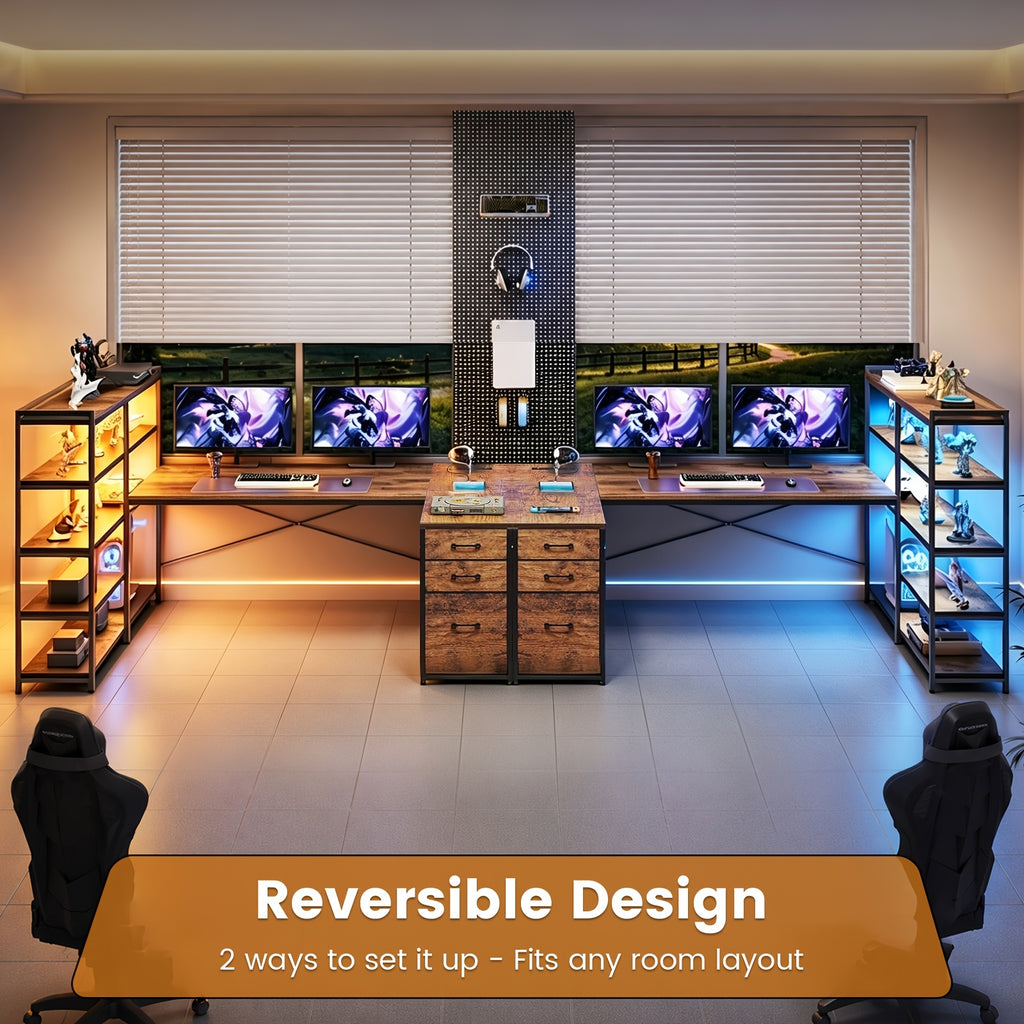 L-Shaped Desk with Storage Shelves, 64.5" Reversible U-Shaped Office Desk with 3 Fabric Drawers, Gaming Desk with Power Outlet & LED Strip, Large PC Workstation for Home Office, Brown/Black/White/Gray