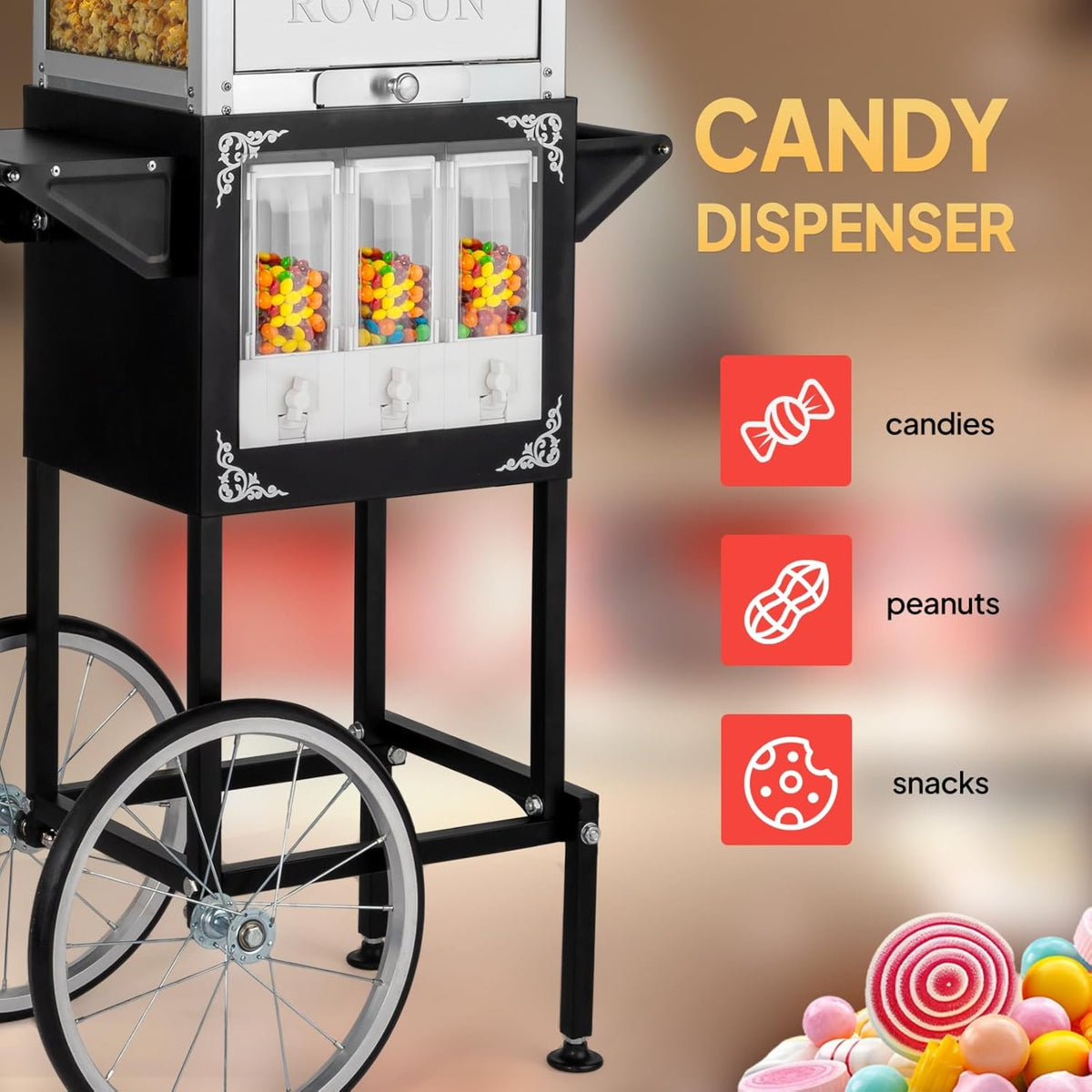 MEFEIR Popcorn Machine w/Cart, Wheels & 8 Oz Kettle Makes Up to 32 Cups ETL Certified, Popcorn Maker w/Candy Dispensers Stainless Steel Scoop, Oil Spoon & 3 Popcorn Cups for Commercial Home Theater