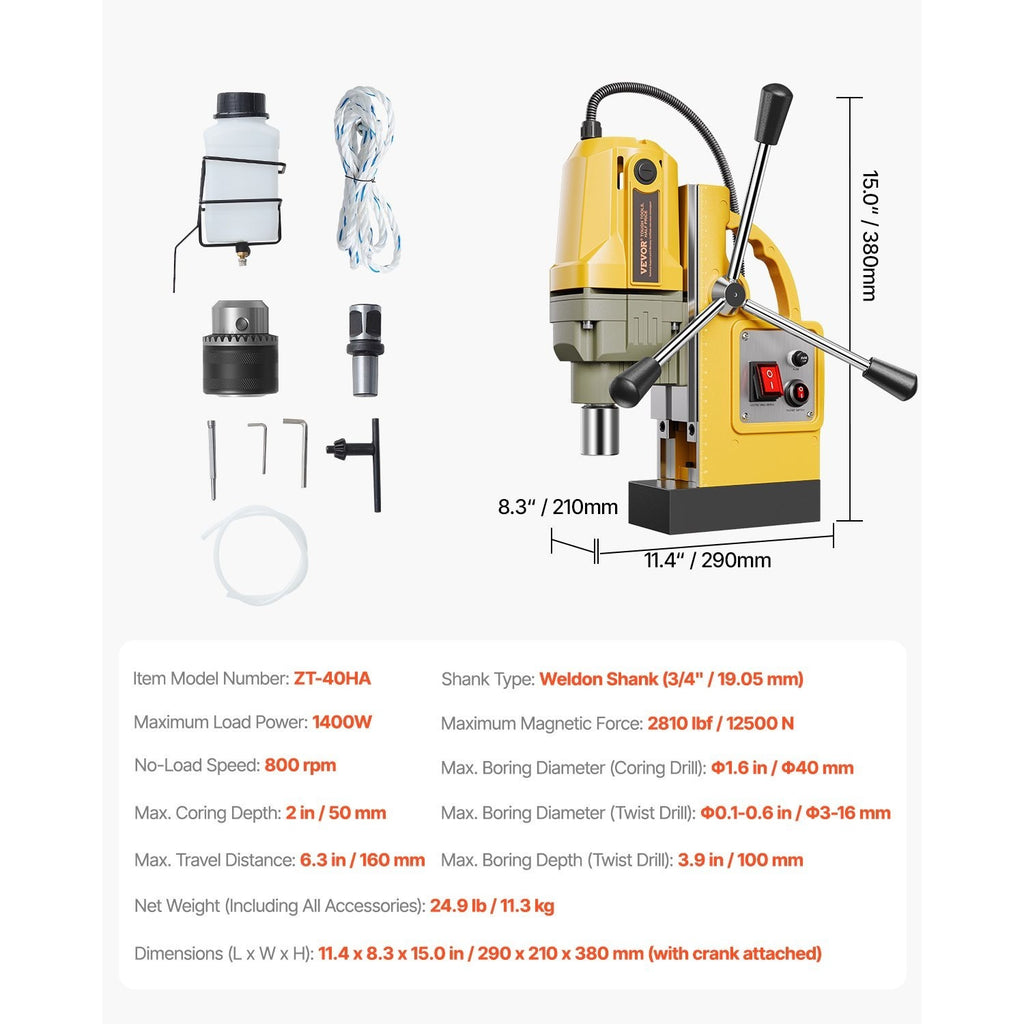 VEVOR Magnetic Drill 1400W 2810 lbf Mag Drill Press 1.6 in Boring Diameter 800 RPM