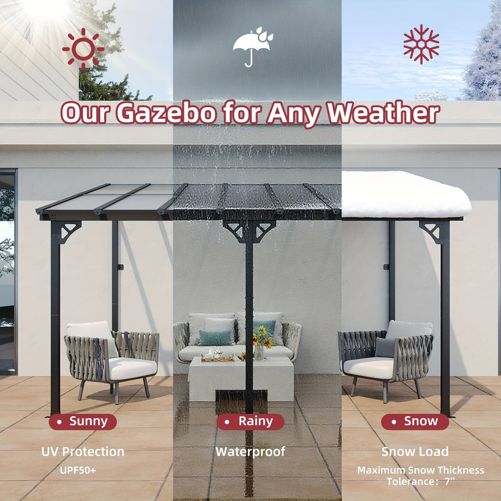 Wall-Mounted Hardtop Gazebo with Polycarbonate Roof — Lean-To Aluminum Patio Cover in Five Size Options