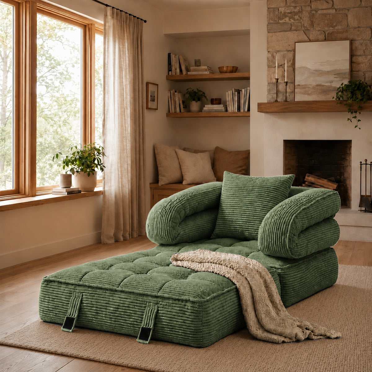 3-in-1 Convertible Folding Sofa Bed, Floor Futon Couch Cloud Shaped Corduroy Upholstered, High-Density Foam Ultra-Soft Comfy Lounge Bean Bag Chair, Versatile Pull-Out Sleeper for Living Room Guest