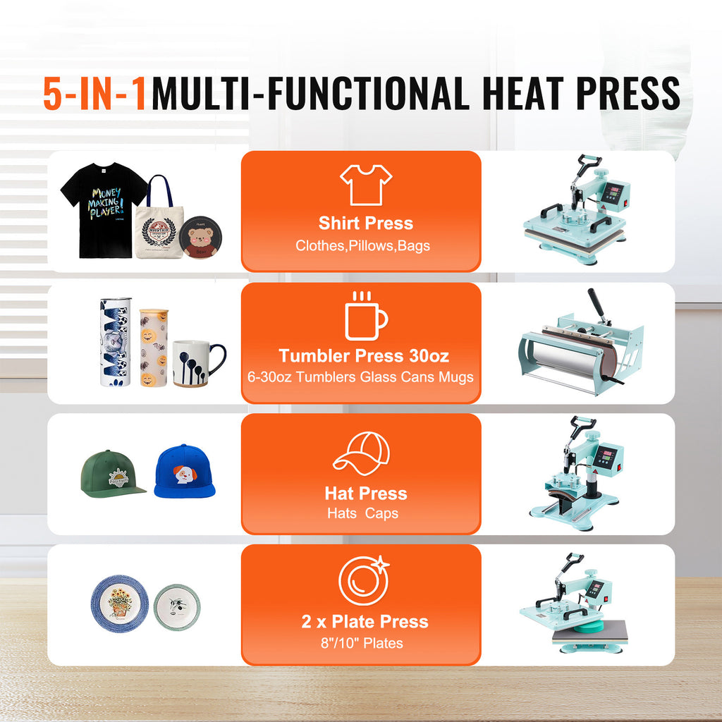 VEVOR Heat Press Machine 12x15 in 5 in 1 with 30oz Tumbler Press T-Shirts Green
