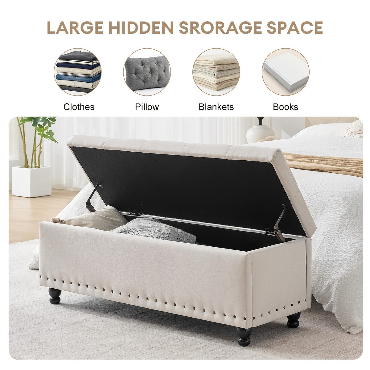 Ottoman With Storage, Storage Bench With Button-Tufted, End Of Bed Storage Bench Safety Hinge With Rivets, Large Storage Ottoman Bench For Bedroom, Living Room, Foot Of Bed