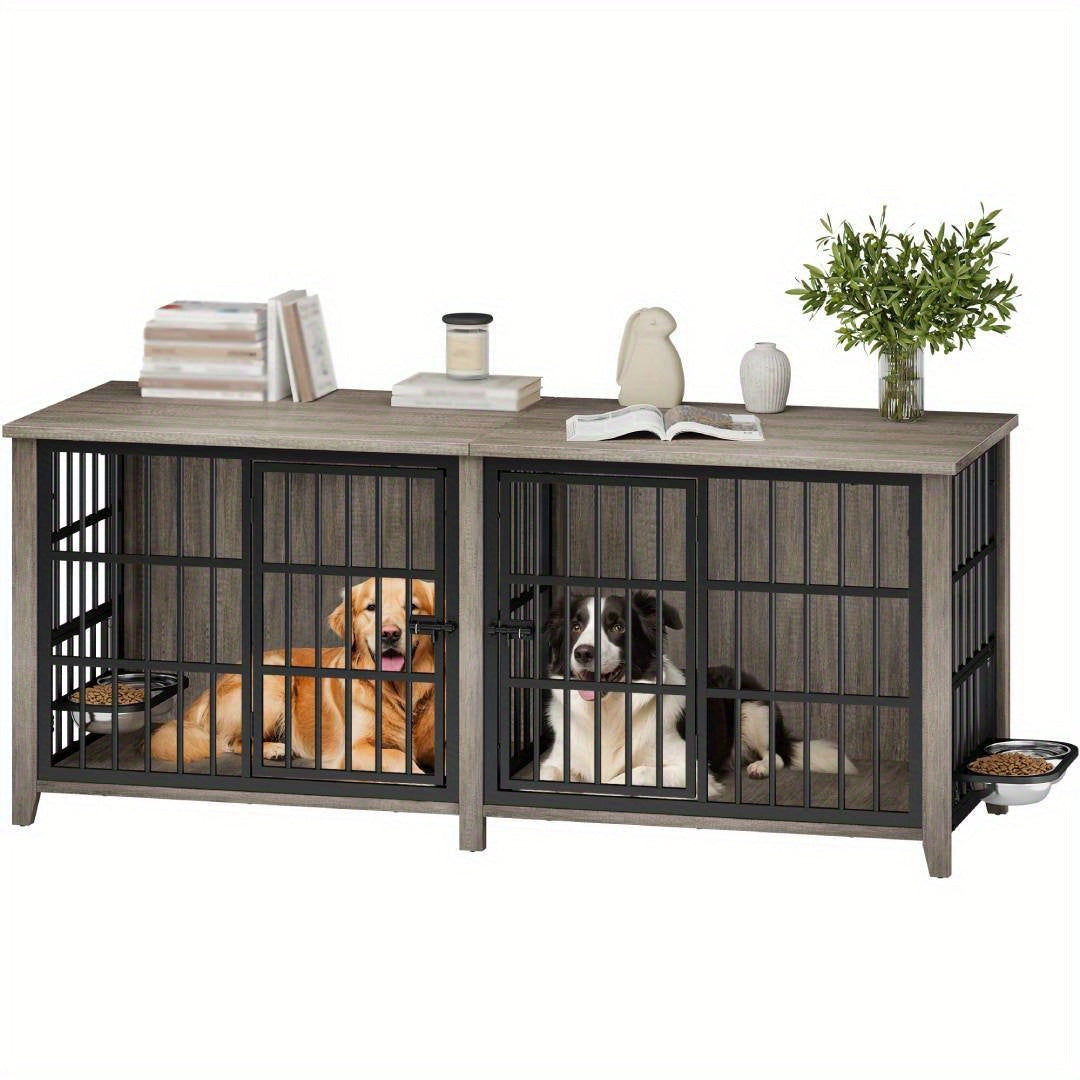 Furniture-Style Dog Crate with Height-Adjustable Rotating Bowls — Secure Indoor Enclosure in Gray or Brown