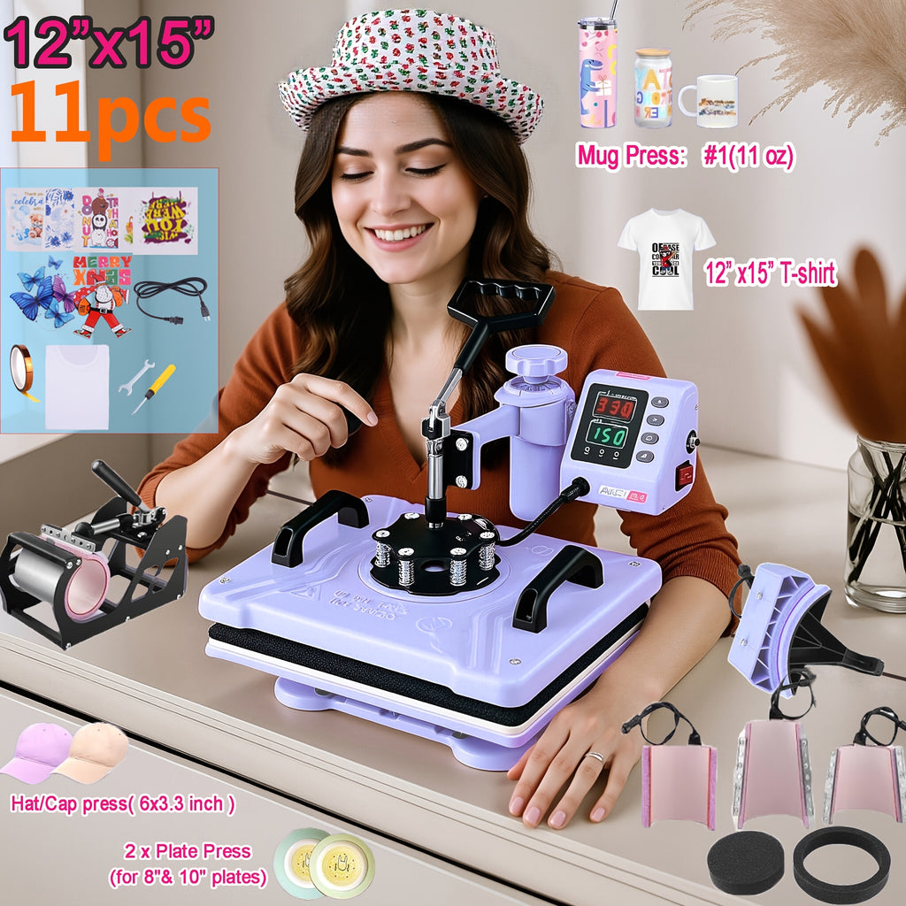 11pcs 8-in-1 - 15"x15"/12"x15" Heat Press Set for T-Shirts, Bags, Pillows, Hats, Beanies, Roller - 12"x10" T-Shirt Machine(Weight 25.35 Lbs) & 15"x15" Auto Single-Workbench & 15"x15" Auto Dual-Workbench Heat Press Only for Cloth, Shirts, Canvas Bags
