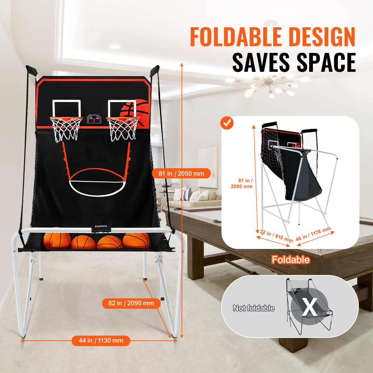 VEVOR Foldable Basketball Arcade Game, 2 Player Indoor Basketball Game, Home Dual Shot Sport with 4 Balls, 8 Game Modes, Electronic Scoreboard, and Inflation Pump, Adults (Black & White)
