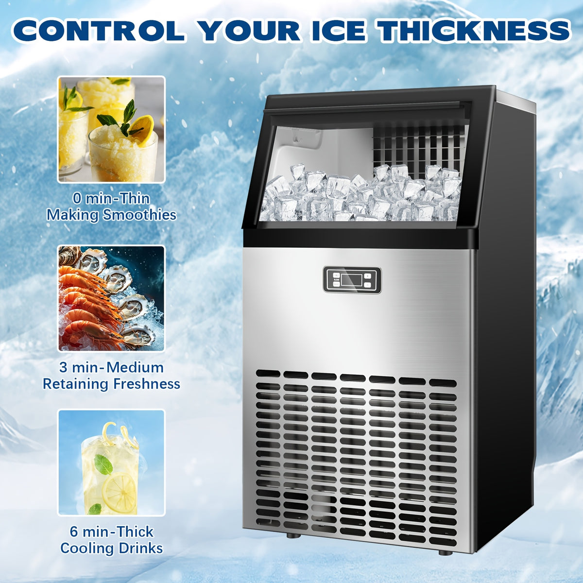 100/120 Lbs/24H Commercial Ice Maker, 48 Cubes/11mins, 33 Lbs Ice Storage Capacity, Counter Ice Maker Self Cleaning, 24 Hour Timer Stainless Steel Under Counter/Freestanding Ice Maker Machine