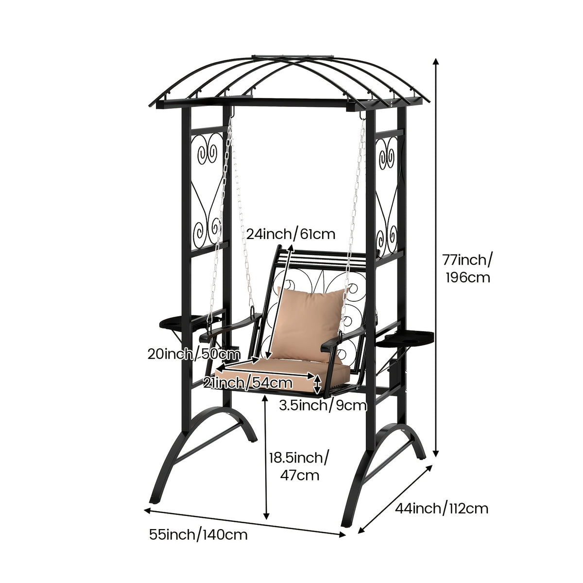 Outdoor Porch Swing with Stand for Adults, Patio Swing Chair with Removable Cushions and Side Tables for Garden, Balcony, Backyard and Poolside