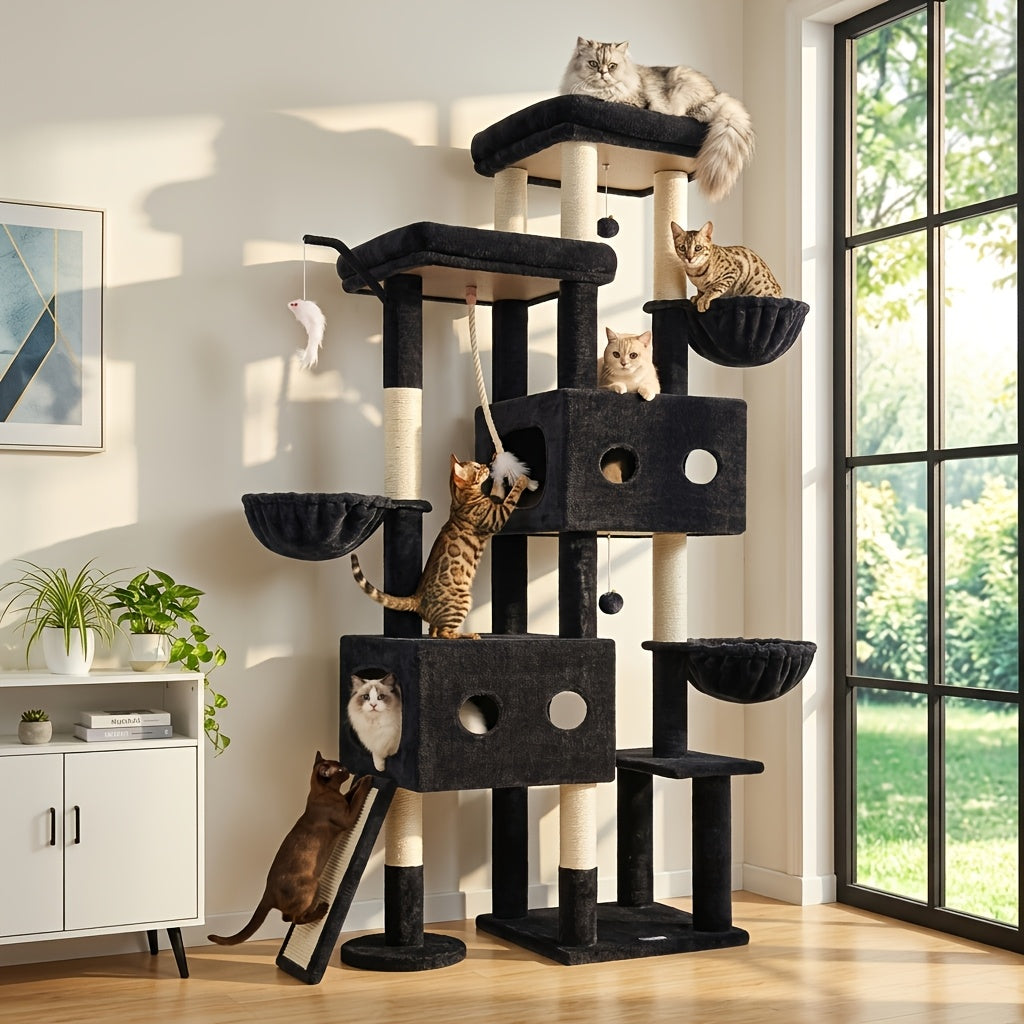 Globlazer 81 Inch Heavy-Duty Multi-Level Cat Tree Tower Suitable for Large Cats & Maine Coon, 2 Condos, 7 Sisal Posts with Scratching Board, 3 Hammocks, Beige Cat Furniture for 4+ Cats, Climbing Activity for Kittens