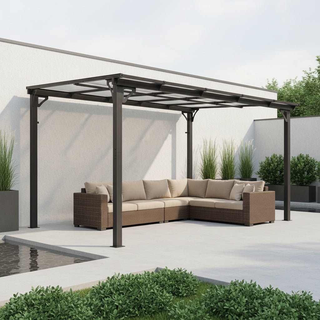 Wall-Mounted Pergola by VIWAT — Modular Splicable Design and Sloped Panel Roof for Patios and Decks, Gray