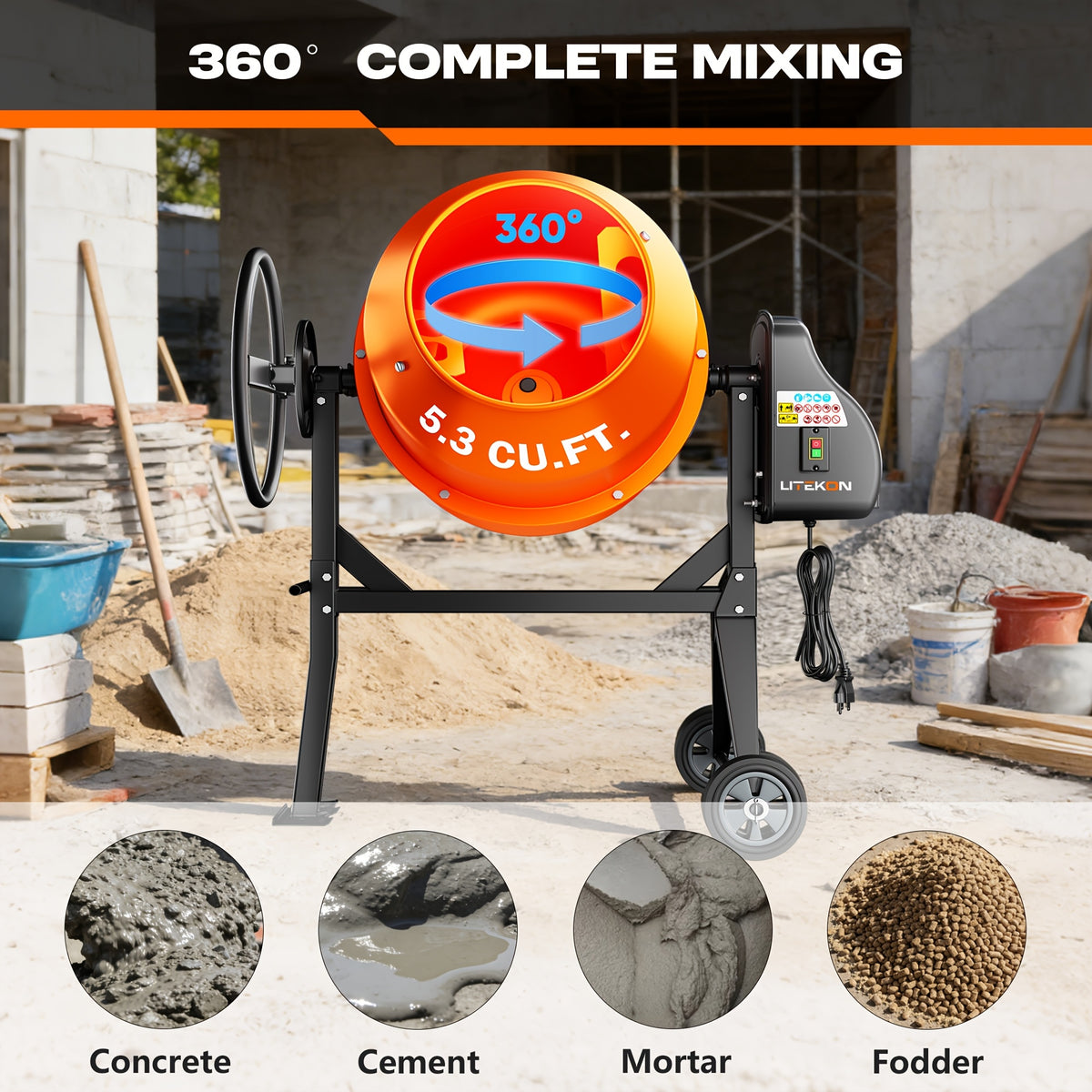 Electric Concrete Mixer with Wheels in 4.3 or 5.3 Cubic Feet for Cement and Mortar Mixing Jobs