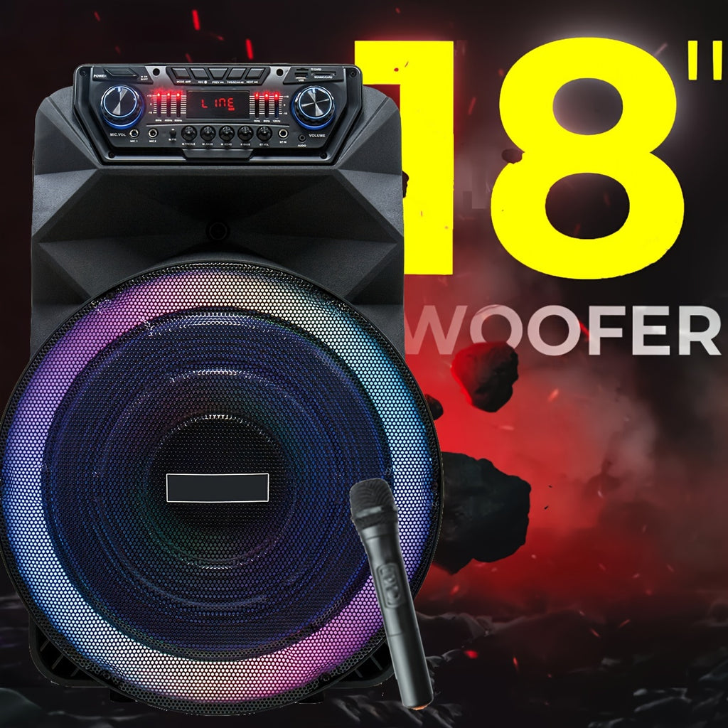 18 Inch Party Rechargeable Wireless Speaker With Deep Bass, 4500W Peak Power DJ Sound System With Wireless Microphones, USB/SD, AUX & Guitar Inputs
