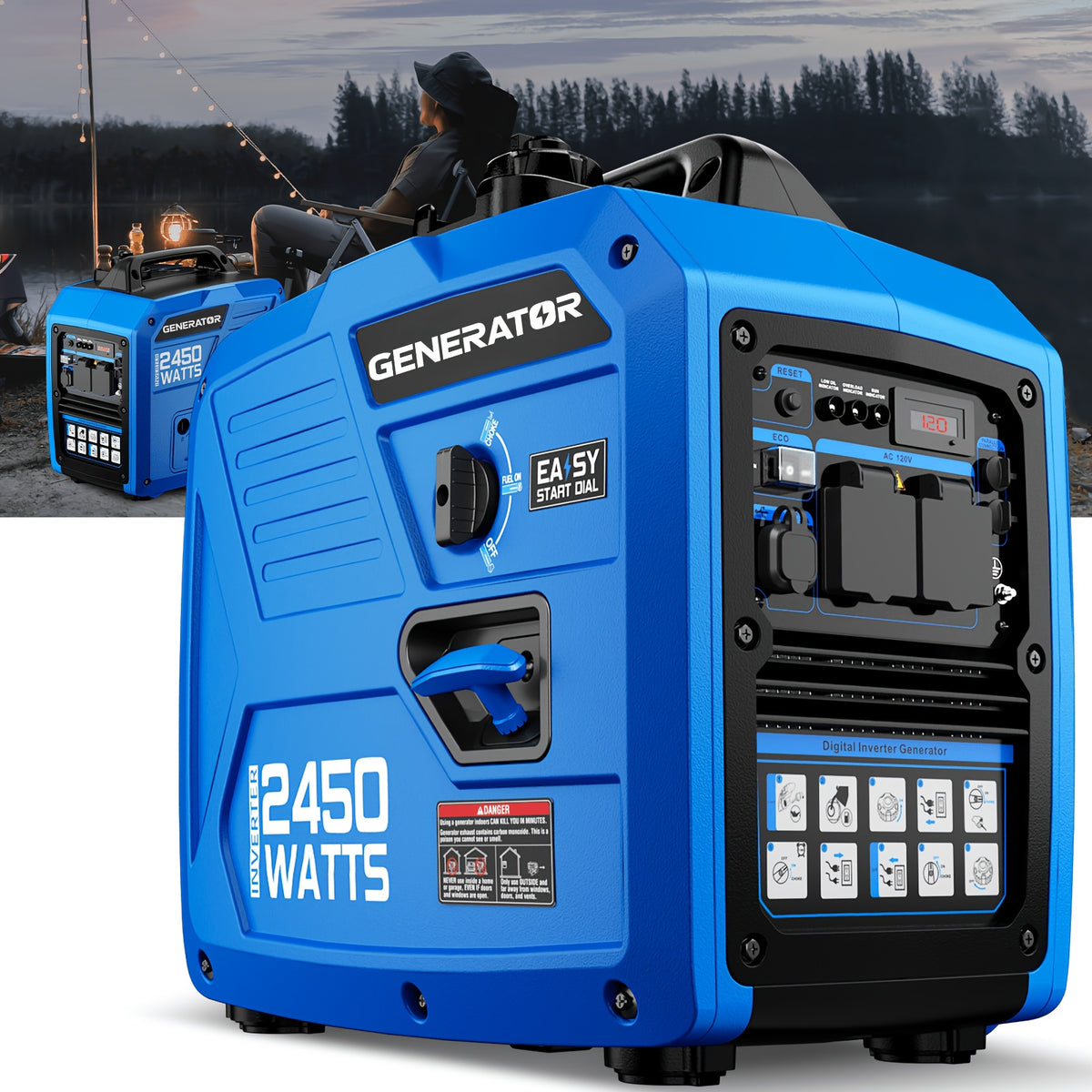2450W Portable Inverter Generator - Ultra-Quiet Gas Generator with 1.6-Gallon Fuel Tank - Up to 8.3-Hour Runtime for Home Backup, RV Camping & Emergency Outages