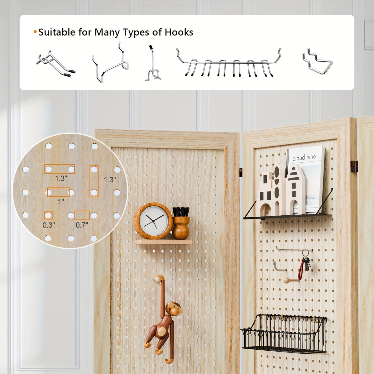 Heavy-Duty Freestaggng Pegboard Room Divider - Folding Privacy Screen Partition with Sturdy Feet, Natural Wood Finish - for Home, Office, Retail Displays, Events - Space-Saving Organizer & Decorative Partition Panel, Event Partition, Versatile Display Boa