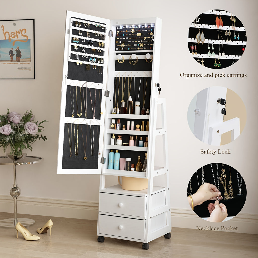 Jewelry Armoire Cabinet Organizer Standing with 20 LED Lights Lockable Full Length Mirror with Storage Shelves And 2 Drawers (White) Adjustable Tilt Angles Gift for Her, Jewelry Armoires