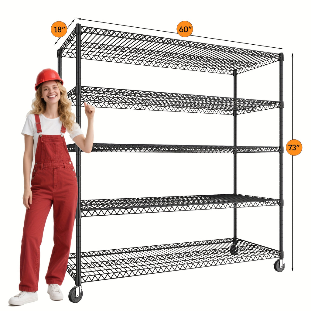REIBII Storage Shelves 3200 LBS Capacity Wire Shelving with Wheels Heavy Duty Metal Shelf for Warehouses, Garage, Kitchens, School, Commercial Shelf, 73" H X 60" W X 18" D, Utility Shelves