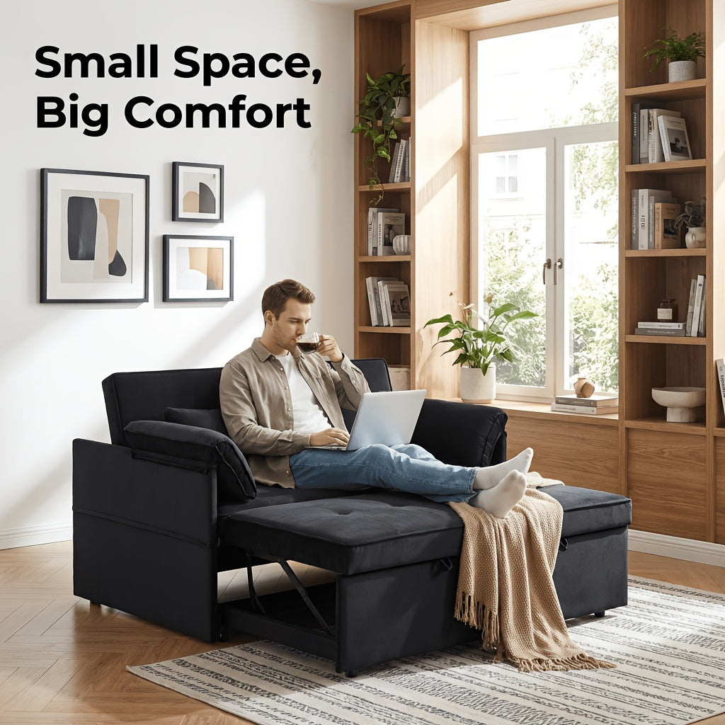 3-In-1 Pull-Out Sofa Bed, 5-Position Adjustable Backrest Velvet Futon Couch with Side Storage Pockets, Metal Frame Sleeper Sofa for Small Apartment, Dorm, Guest Room, 3 Colors Available