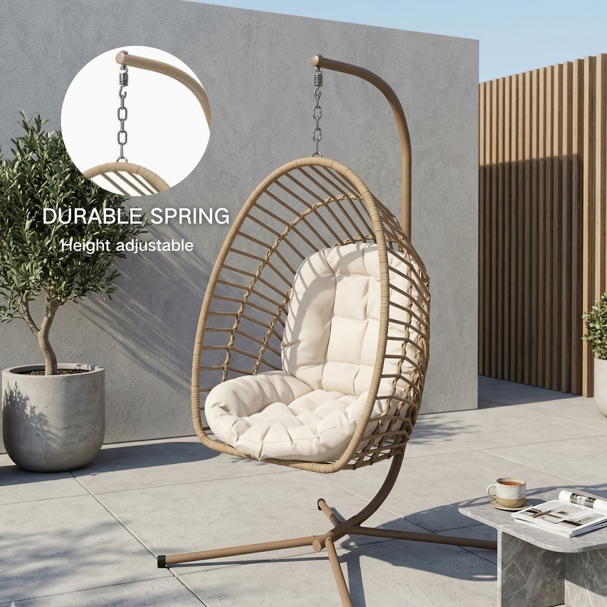 Hanging Egg Chair with Stand Only for Outdoor, Foldable Rattan Wicker Hammock Egg Swing Chair for Porch Patio Garden, 350LBS Capacity, Beige