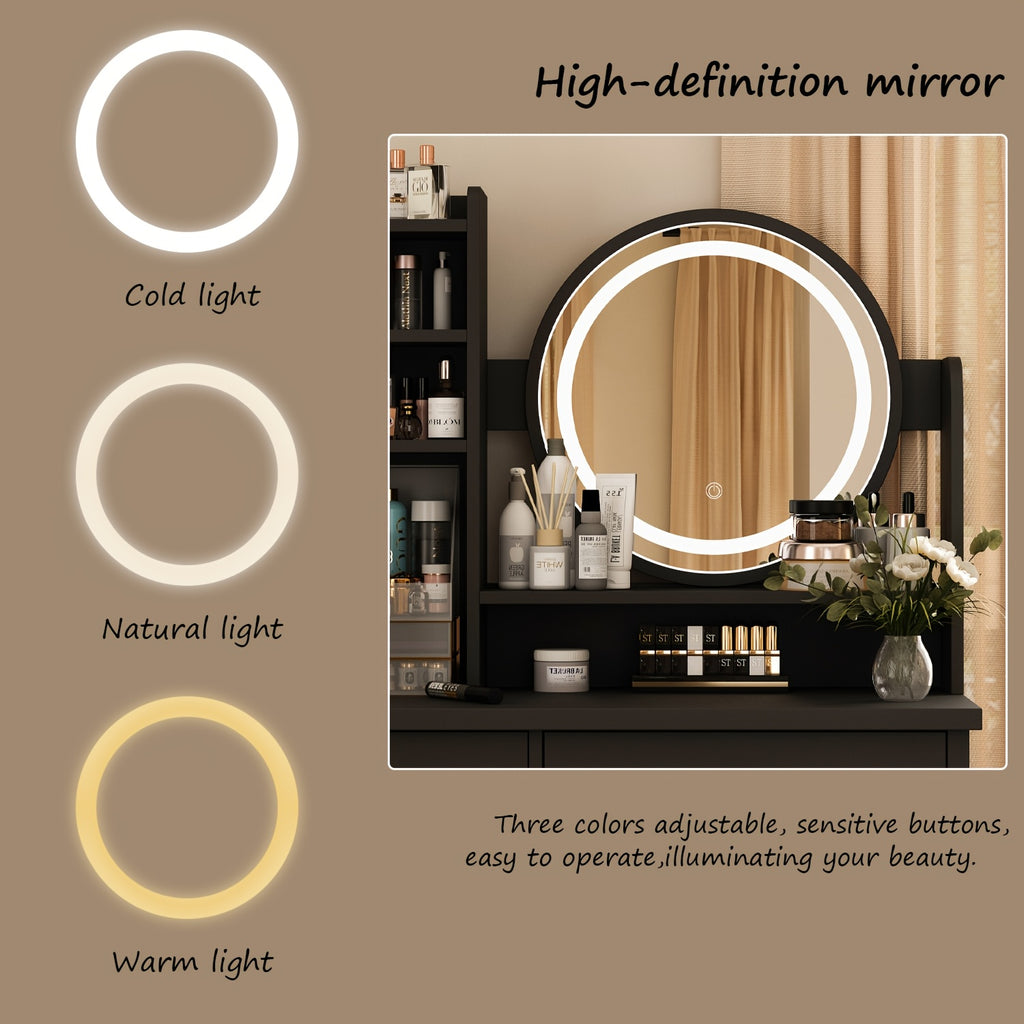 Unique Black Dressing Table Set, With LED Light Mirror, Open Storage Shelves And Stool, Modern Bedroom Dressing Table, Black