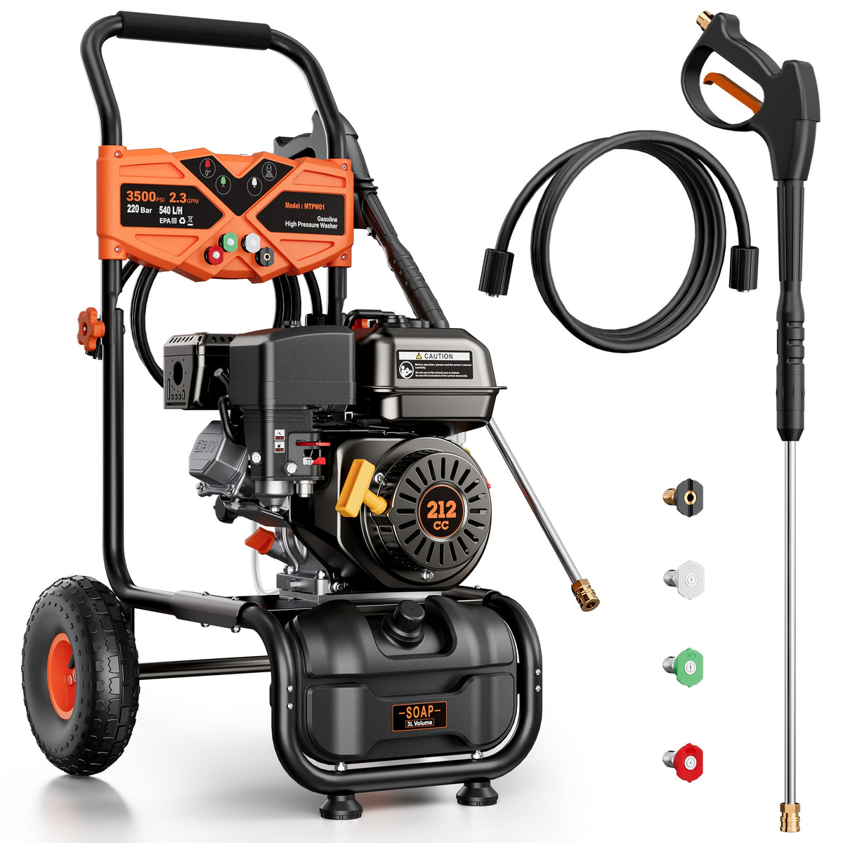 3500PSI Pressure Washer -2.3GPM 212CC Gasoline Washer with 25ft Hose And 4 Quick-Connect Multi-Angle Nozzle, Courtyard Car High-pressure Washer, Perfect for Cleaning Outdoor Surfaces, Roads, And Walls