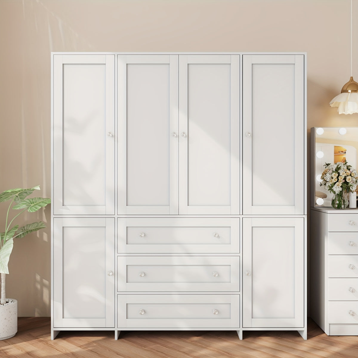 31.5" /47.3"/63" Wardrobe Armoire Closet with Mirror & Hanging Rod, Large Drawers & 2/3/4 Doors