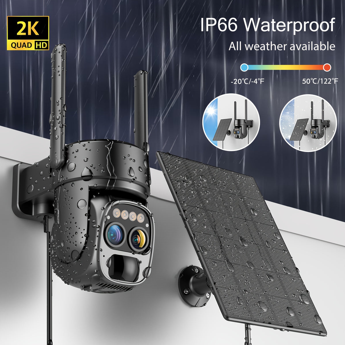 5pcs [10X Zoom] 360-Degree Low-Power Solar Panel Battery 2K FHD Wifi with Spotlight Alarm, Motion Detection, Color Night Vision, Two-Way Audio And
