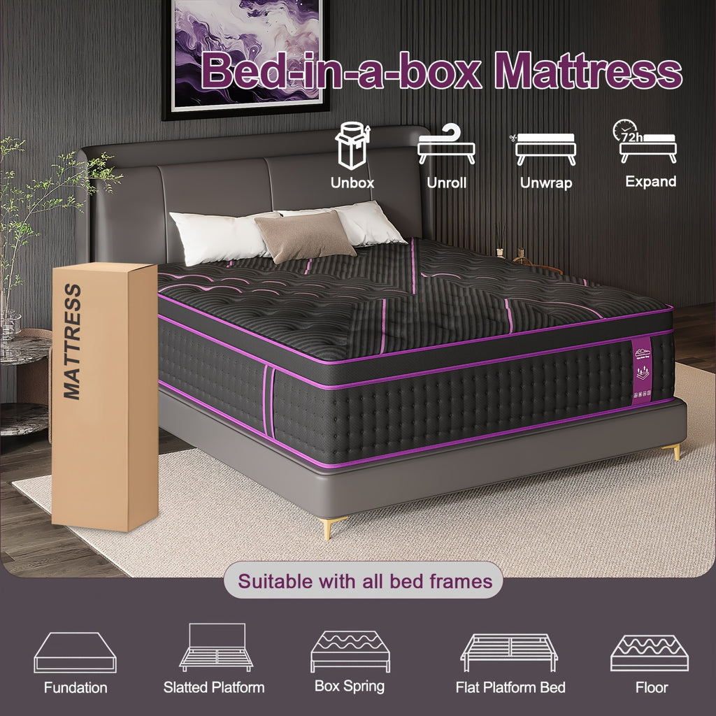 12/14 Inch Memory Foam Mattress Hybrid Pocket Spring Twin Full Queen King Bed Mattress in A Box, Euro Top Medium Firm for Back & Lumbar Support, Individual Pocket Spring Bed for Motion Isolation & Fiberglass Free