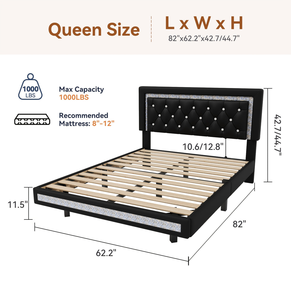MRAEER Diamond Quilted Velvet Silent Full/Queen Bed Frame | LED Lights, Diamond Quilted Footboard, Adjustable Headboard, No Mattress Required, Easy Assembly, Available in Pink/White/Black, Powered, Contemporary Style, Christmas Gift