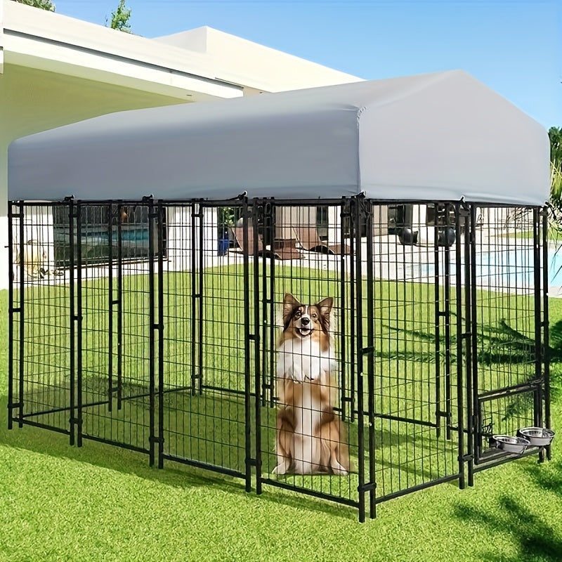 8x4x6 FT Outdoor Dog Kennel With Roof, Heavy Duty Dog Cage For Large Dogs, Outside Dog Enclosure With 2 Rotating Dog Bowls, Welded Wire Steel Dog Run Playpen Fence With Secure Lock