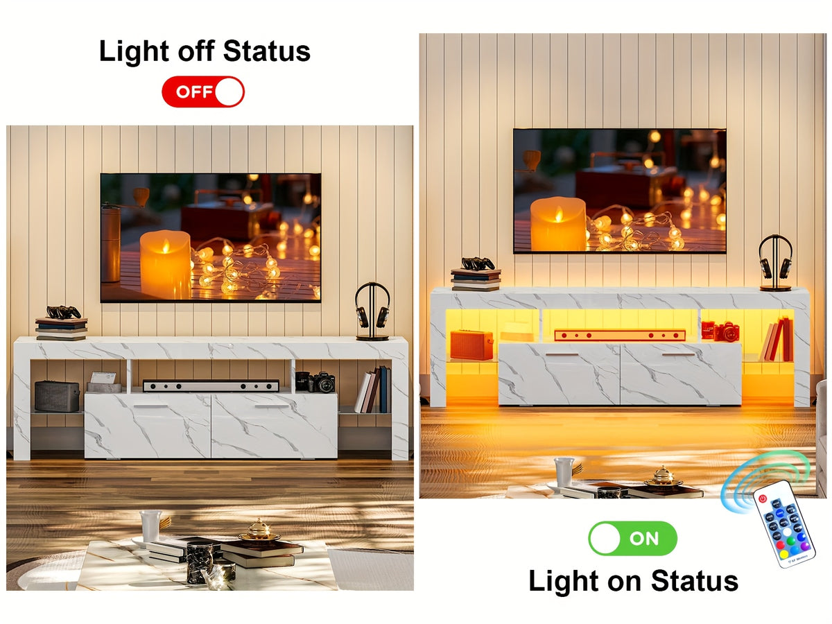 66 Inch White Black Marble TV Stand For 75 Inch TV, LED Gaming Entertainment Center, Glossy TV Console Table With Storage Drawers And Glass Shelves Xbox PS5 Game Console Cabinet For Living Room