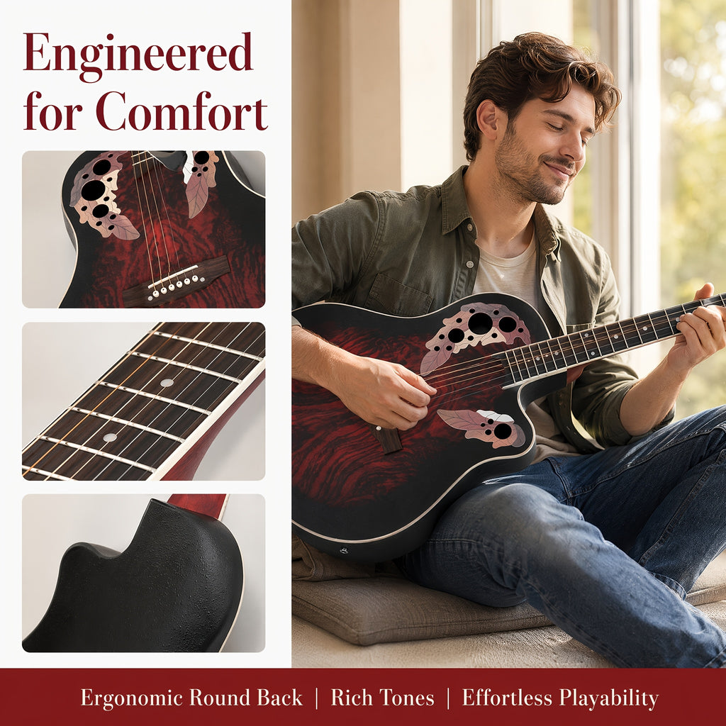 [Ideal Gift] 41-Inch Full-Size Guitar With Grape-Shaped Soundhole, Spruce Top, And Mahogany Fingerboard - Sunset Red Finish, Enhanced Tone And Playability, Suitable For All Music Styles, Ideal For Beginners And Guitarists. The Perfect Gift