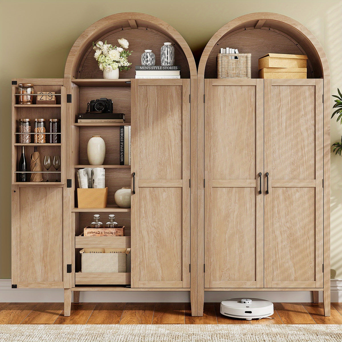 PAZCASA 71" Tall Arched Kitchen Pantry, Storage Cabinet with 2 Pull-Out Shelves, 6 Door Shelves, Organizer, Freestanding Modern Versatile Cupboard for Kitchen, Dining Room, Black/Natural