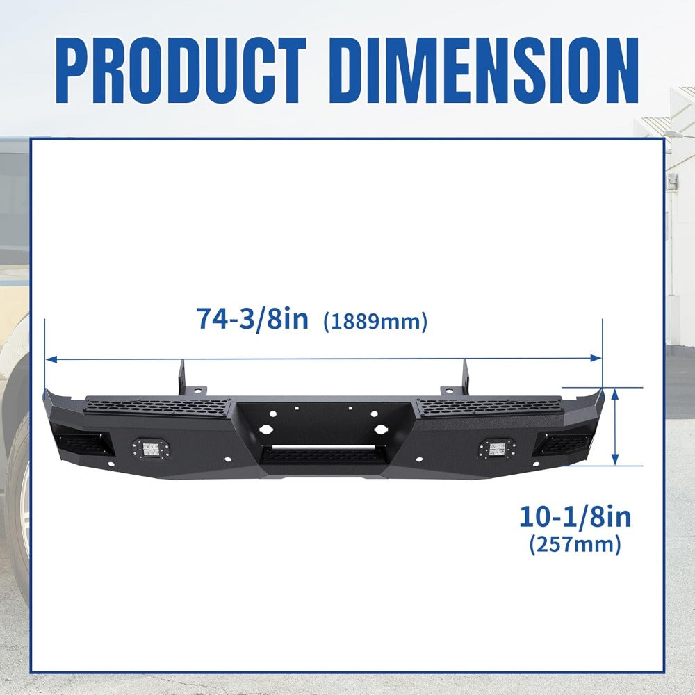 Heavy Duty Offroad Rear Bumper for 1999-2016 Ford F250 F350 Super Duty, Black Powder Coated Steel with 2 x 18W LED Lights