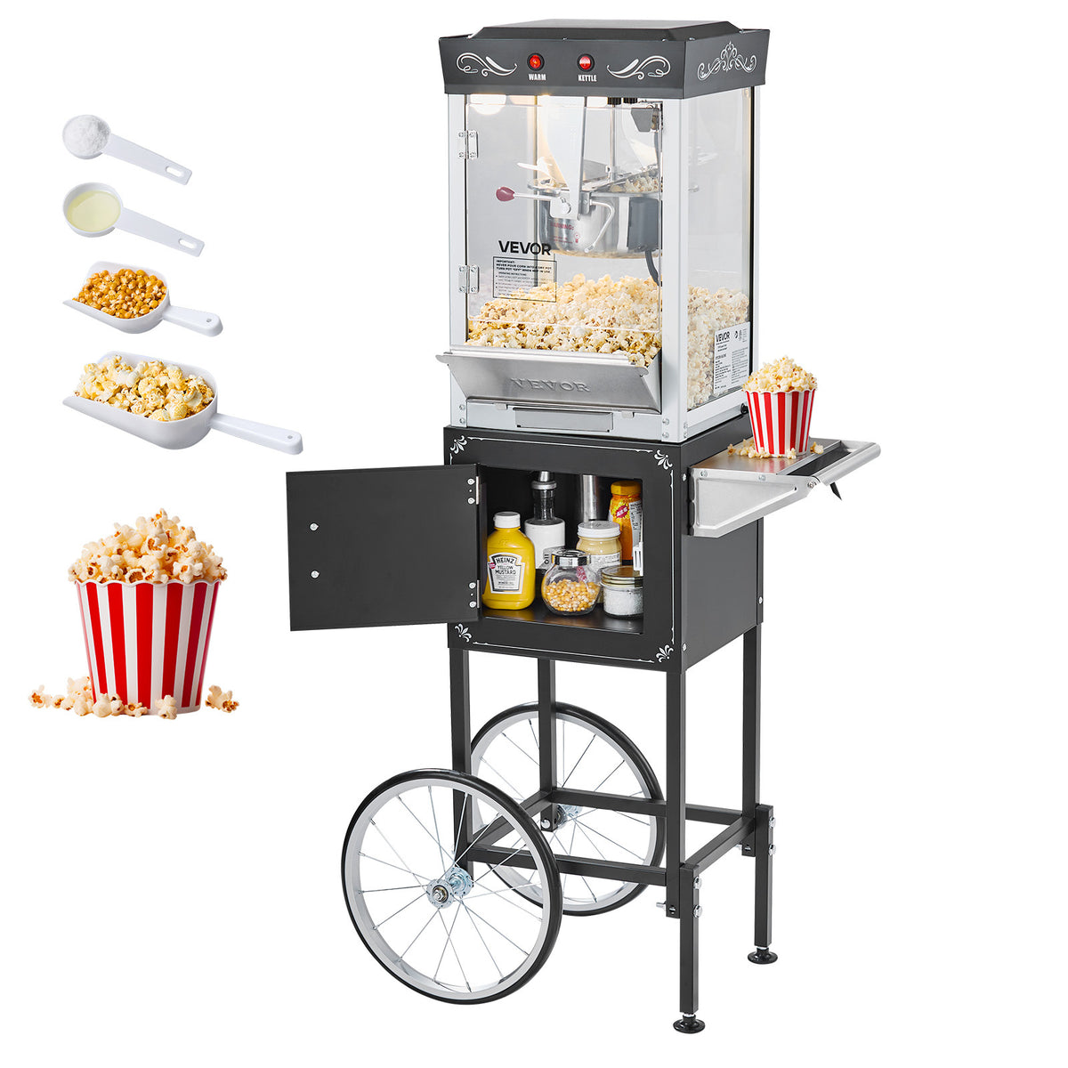 VEVOR Popcorn Machine with Cart Popcorn Popper Maker 800W 8oz Kettle 48 Cups Black/ Red/ White