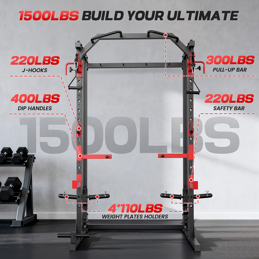 Power Cage, Multi-Functional Power Racks for Home Gym with Dual Pulley Systems, 2000 LBS Weight Capacity Fitness Squat Rack for Strength Workout with More Training Attachment Optional Weight Bench Weight Plates and Barbells Not Included