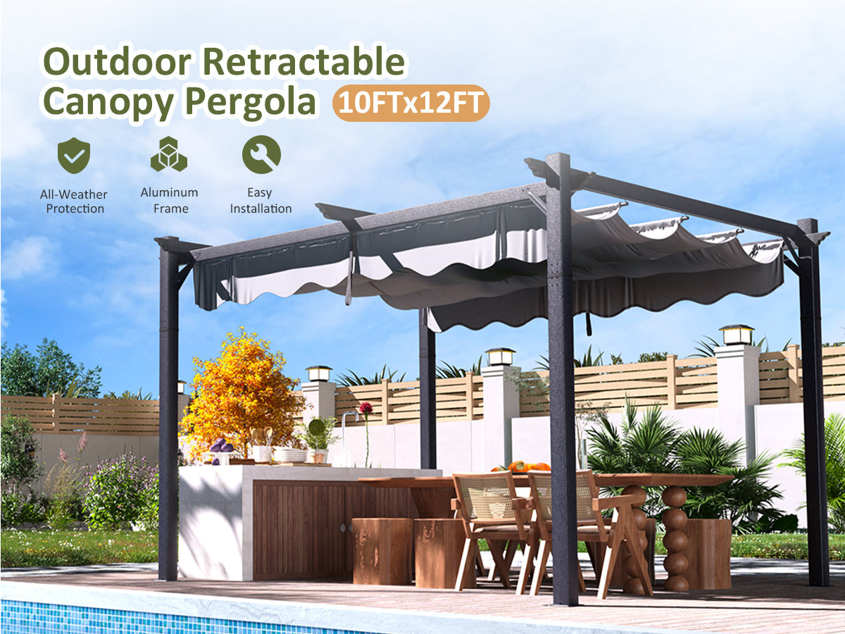 Polar Aurora 10x12 FT Outdoor Pergola with Retractable Canopy, Patio Metal for Patio, Decks, Porch and Backyard