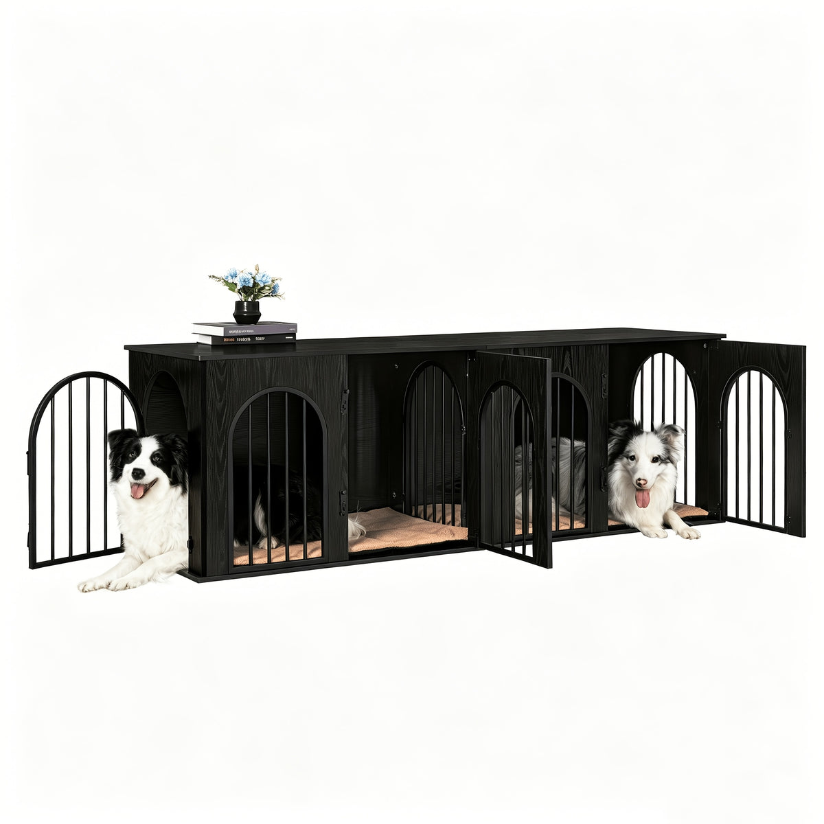 71-Inch Indoor Dog Kennel Furniture for Two Dogs with Divider and Pad, TV Stand Design in Black